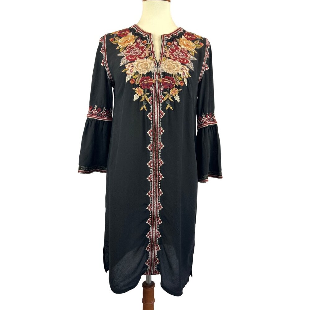 Johnny Was Black Embroidered Floral Silk Tunic Dress Womens S Artemis - Picture 1 of 13